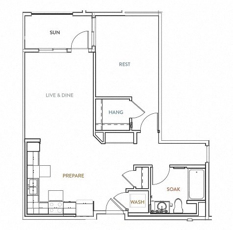 Floor plan for 1 bed, 1 bath, 887 sqft